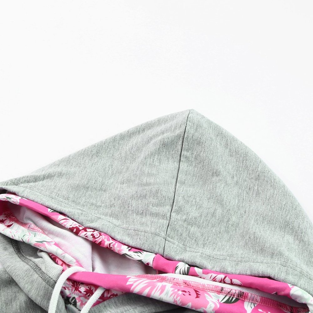 Light Pink Floral Hoodie Plus Size with zipper accent (Pink & Gray) - Picture 5 of 10